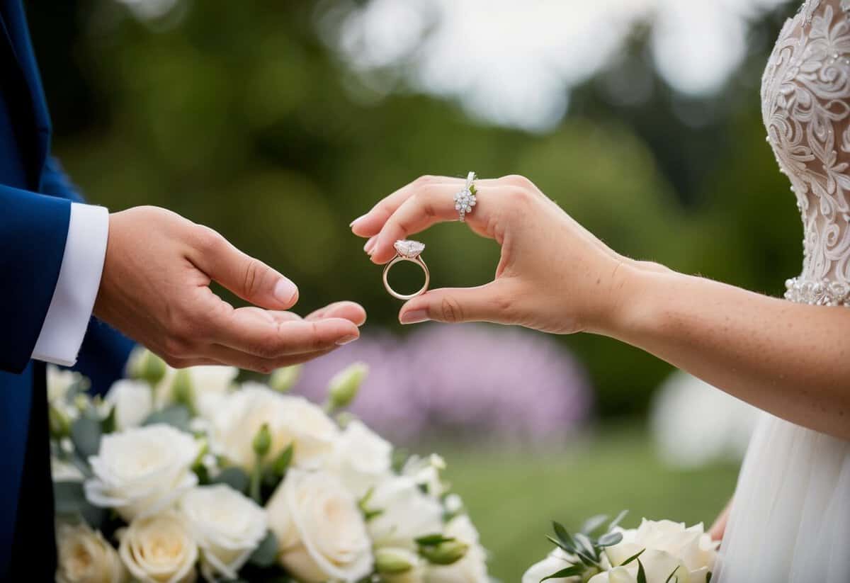 A groom's hand holding out wedding rings to a bride's hand