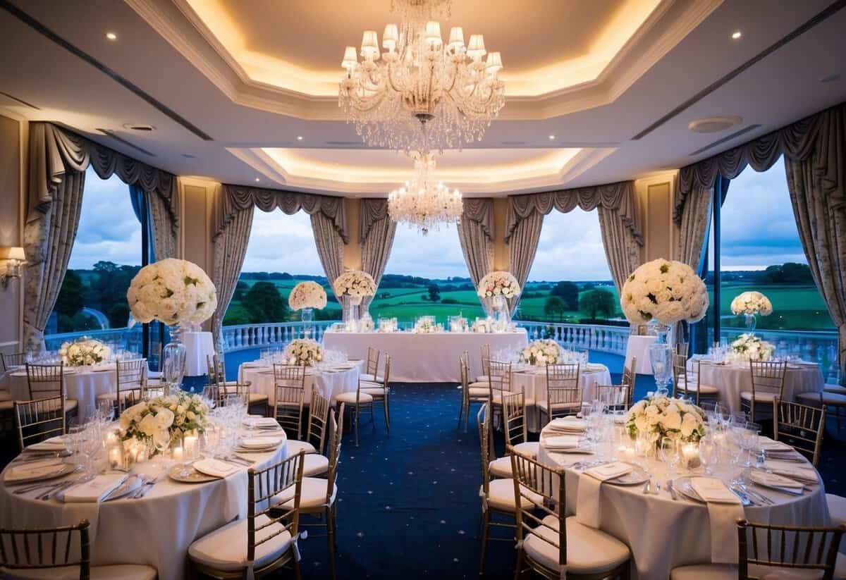 A lavish wedding venue in the UK, adorned with opulent decor and surrounded by picturesque landscapes, exuding luxury and extravagance