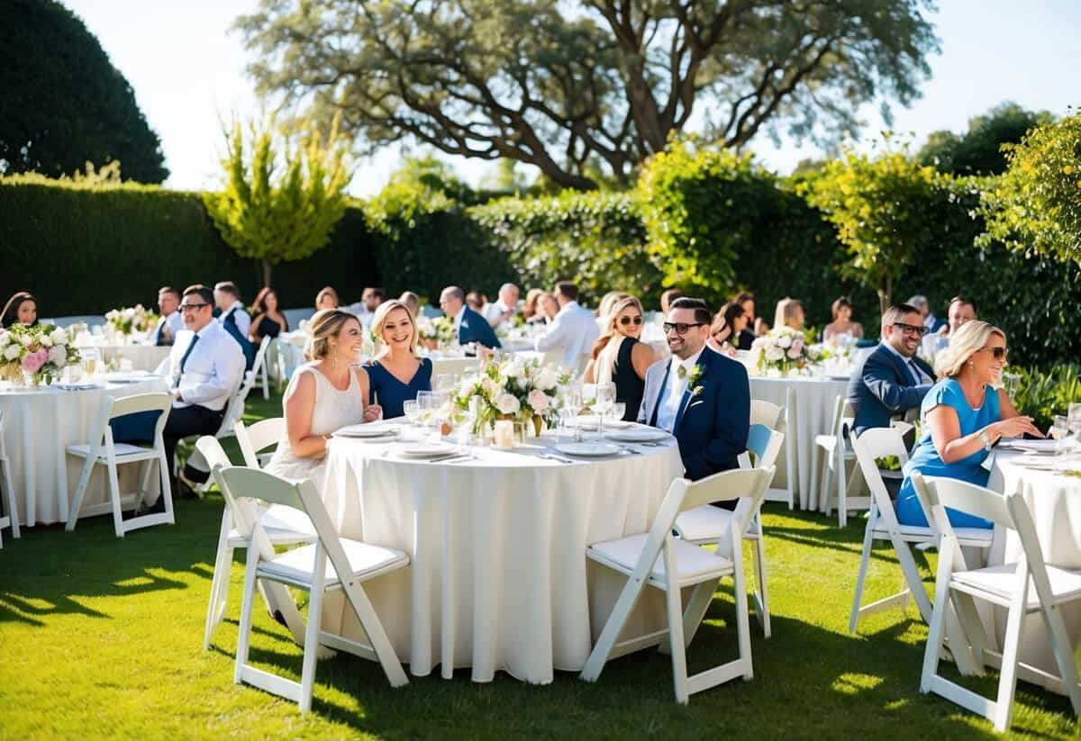 A sunny outdoor garden with round tables covered in white tablecloths, adorned with floral centerpieces, and guests in casual elegant attire enjoying a post-wedding brunch