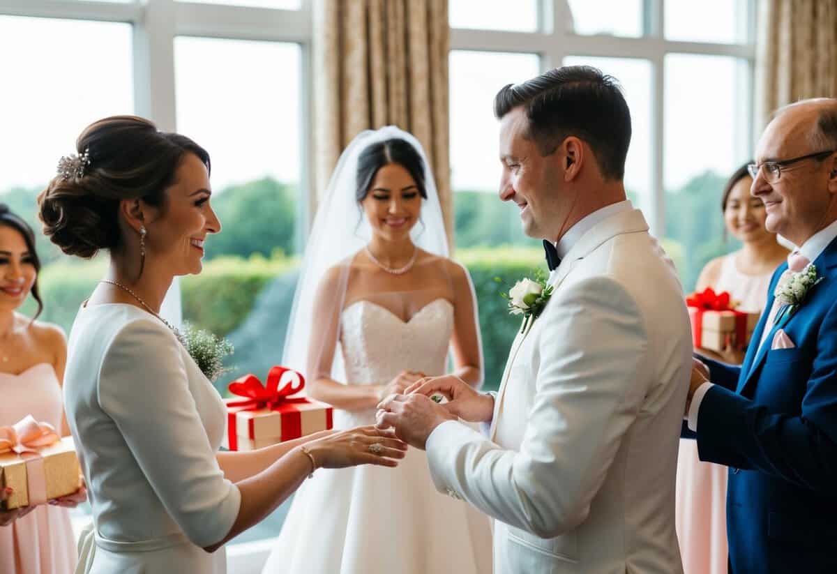 A groom presenting wedding rings to a bride's family, while the bride's family presents gifts to the groom's family