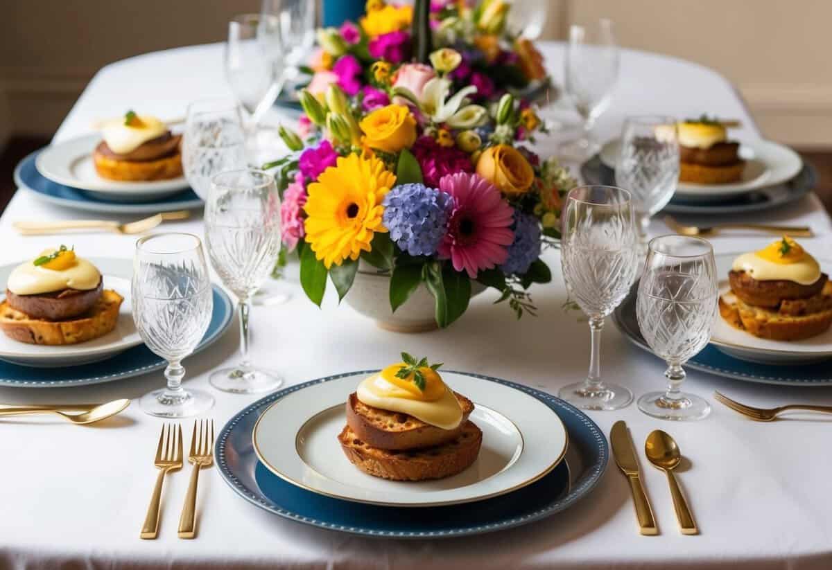 A table set with elegant brunch dishes, surrounded by colorful floral centerpieces and sparkling glassware