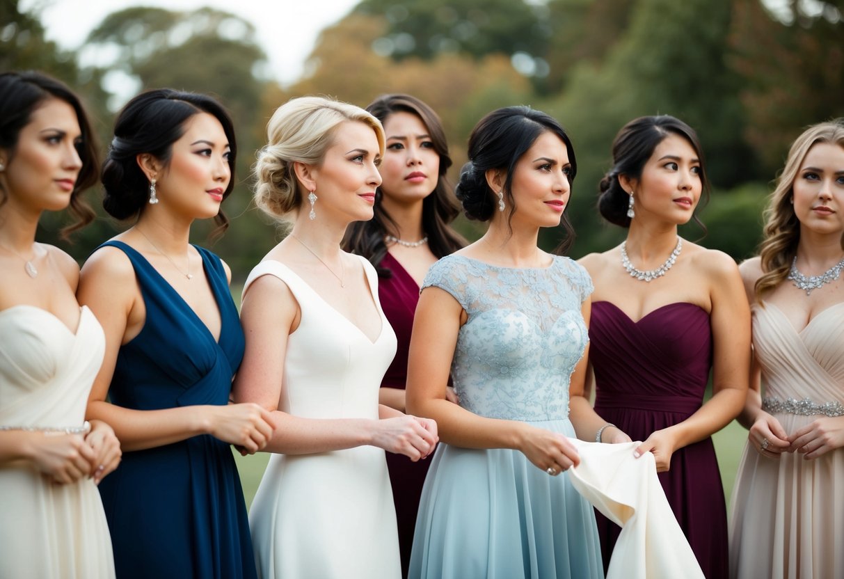 A group of women in elegant dresses, standing together with varying expressions, while one woman looks hesitant as she holds a dress in her hands