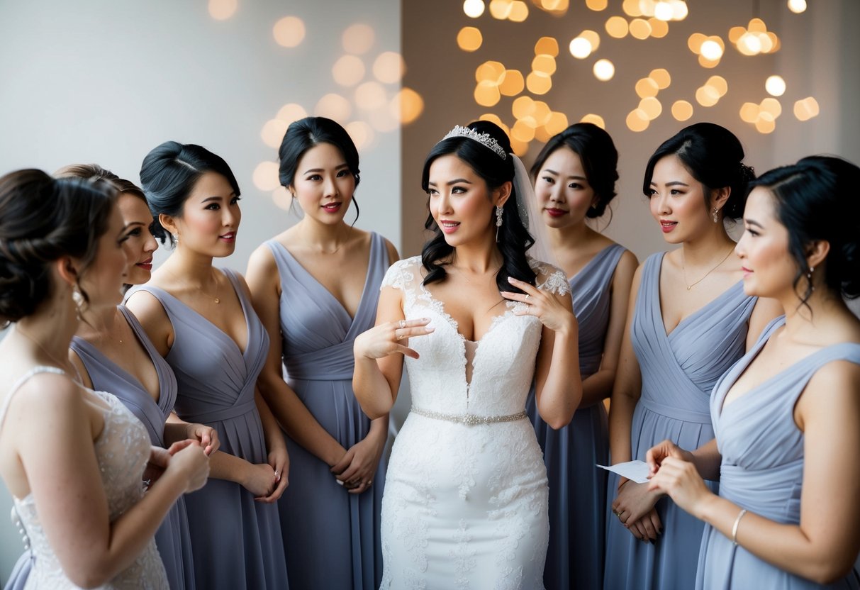 A group of bridesmaids gather around a bride, discussing dress options and costs. The bride gestures towards different styles while the bridesmaids listen attentively