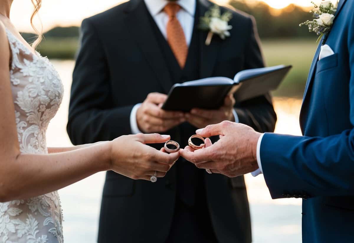 A couple's hands exchanging wedding rings with a celebrant officiating
