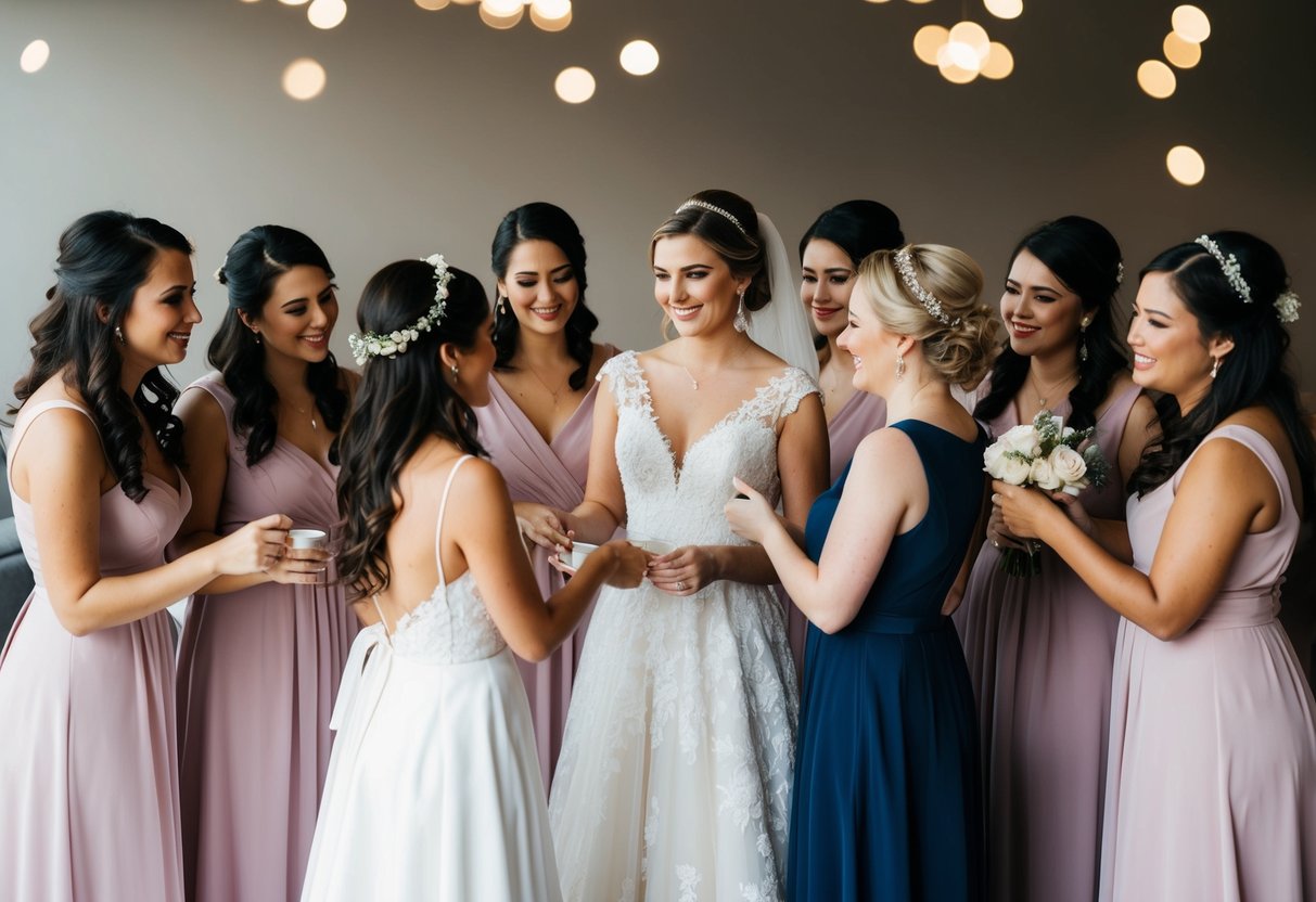A group of bridesmaids gathered around a bride, discussing dress options and contributing to a shared fund