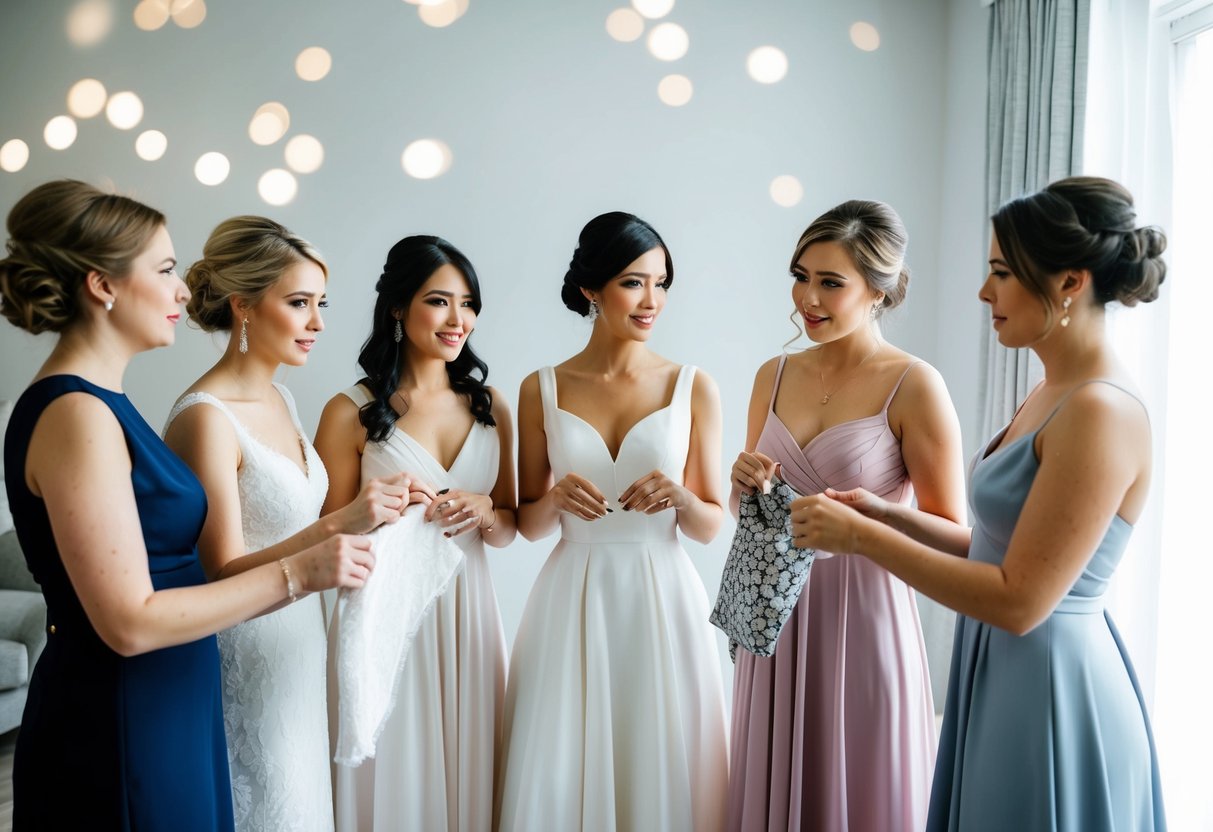 A group of bridesmaids discussing dress options while holding up different fabrics and styles