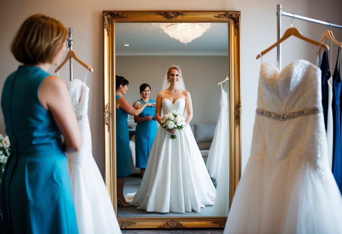 A bride standing in front of a full-length mirror, surrounded by a seamstress and wedding dress samples
