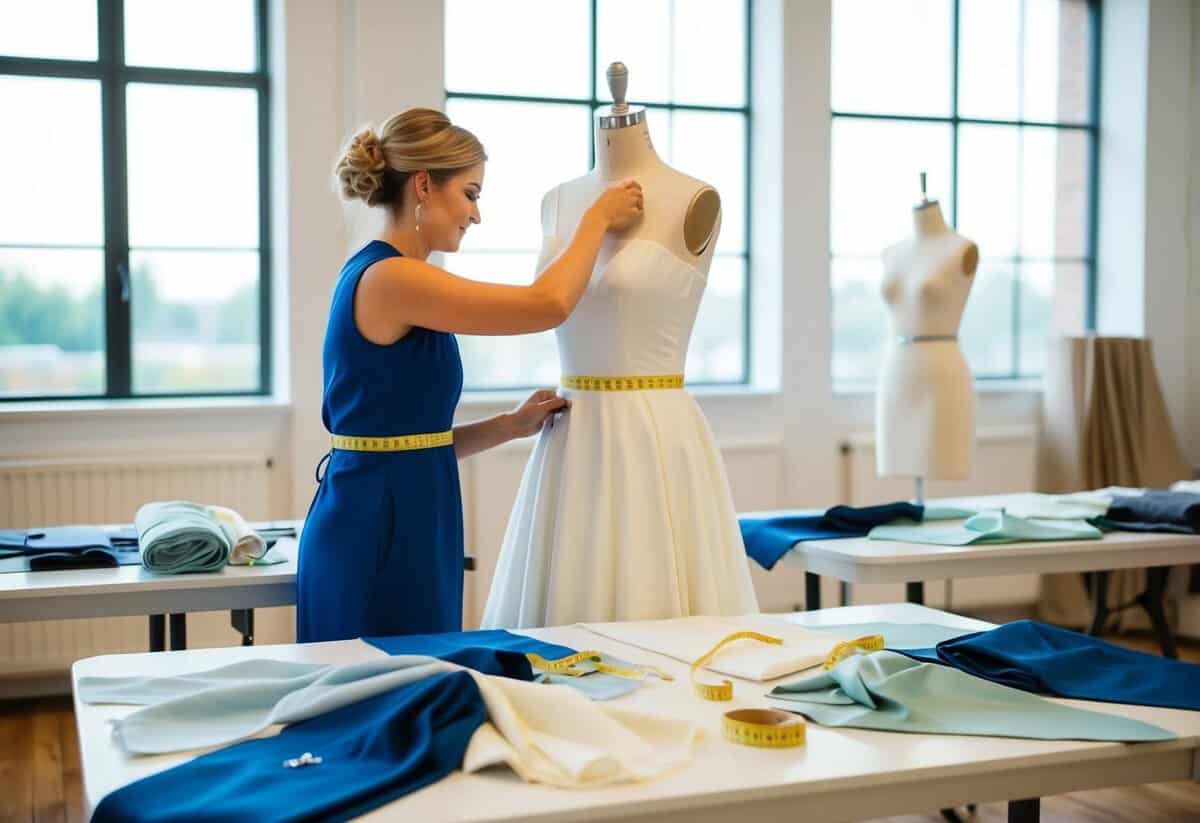 A seamstress pinning a wedding dress on a mannequin. Tables covered in fabric swatches and measuring tape. Bright studio with large windows