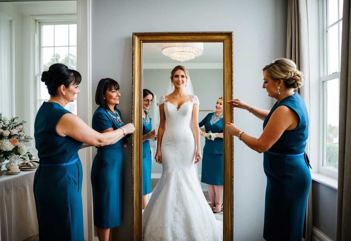 A bride standing in front of a full-length mirror, surrounded by a seamstress and wedding planner, adjusting the fit of her wedding dress