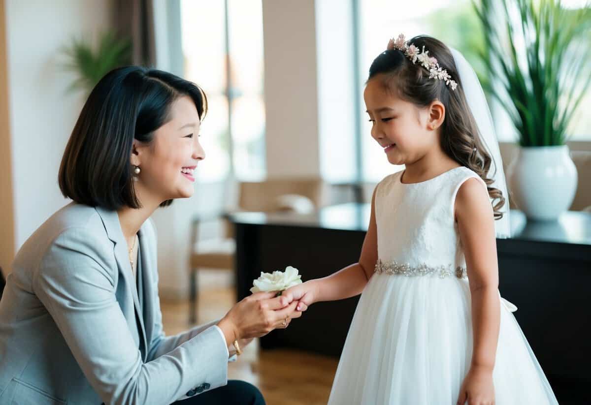 A parent buying a flower girl dress for a wedding, handing it to the flower girl with a smile