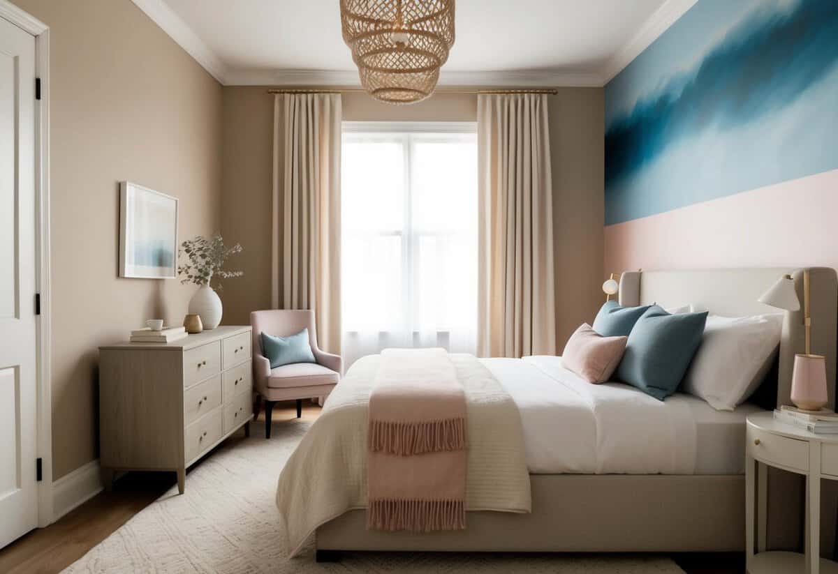 A cozy bedroom with a warm, neutral color palette, featuring accents of soft blue and gentle pink for a calming and romantic atmosphere