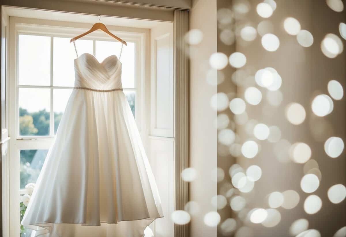 A white wedding dress hanging in a sunlit room