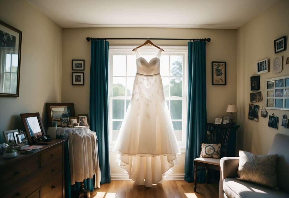 A wedding dress hanging in a sunlit room, surrounded by sentimental items and memories