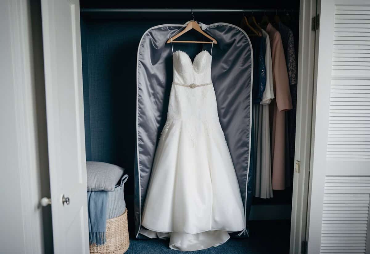 A wedding dress stored in a protective garment bag hanging in a cool, dark, and dry closet