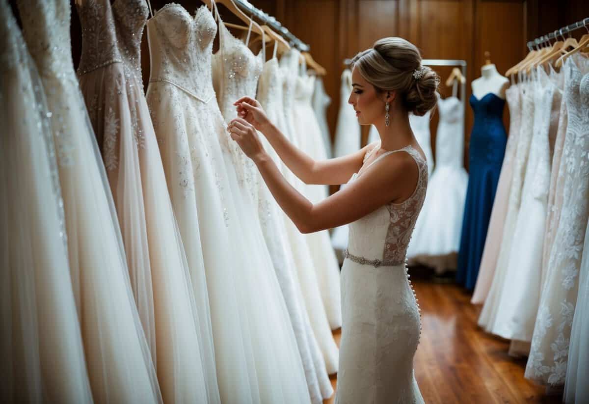 A bride standing in front of a row of wedding dresses, carefully examining the intricate details and elegant designs