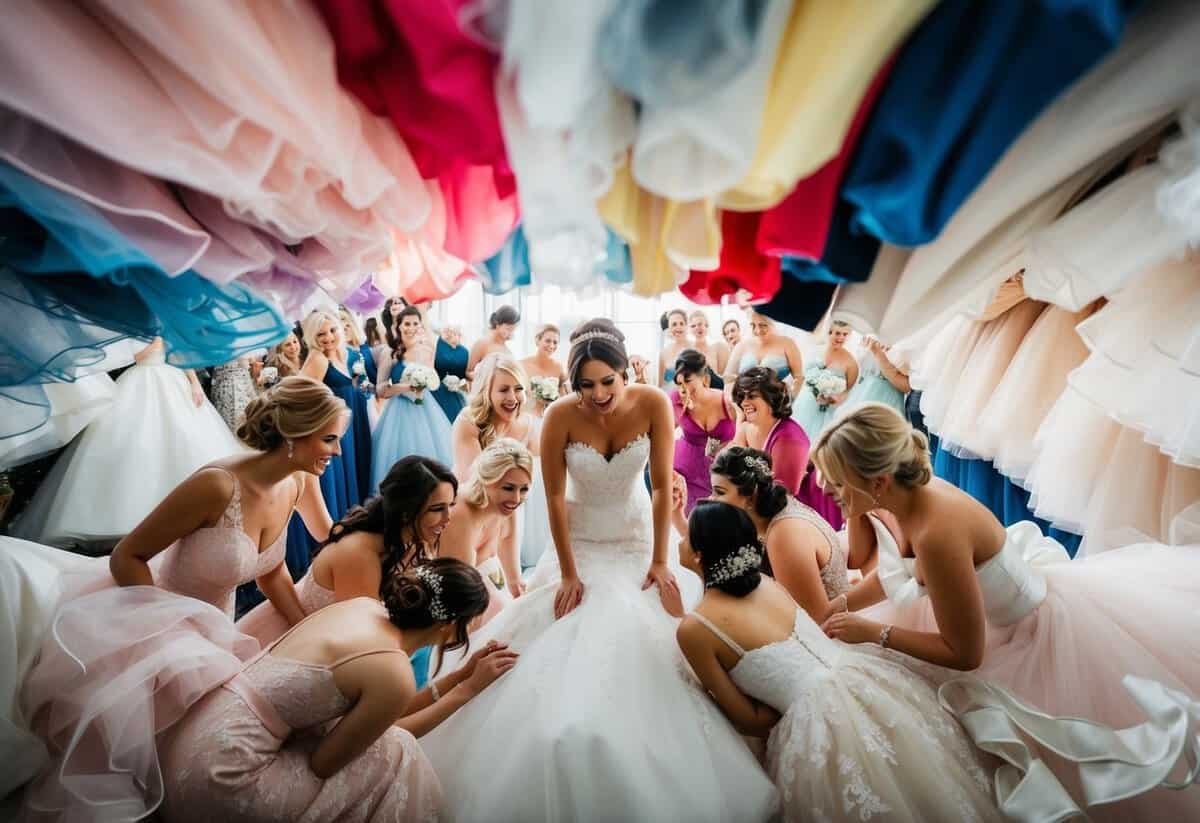 A bride surrounded by a sea of wedding dresses, each one more enchanting than the last, as she struggles to choose the perfect gown for her special day