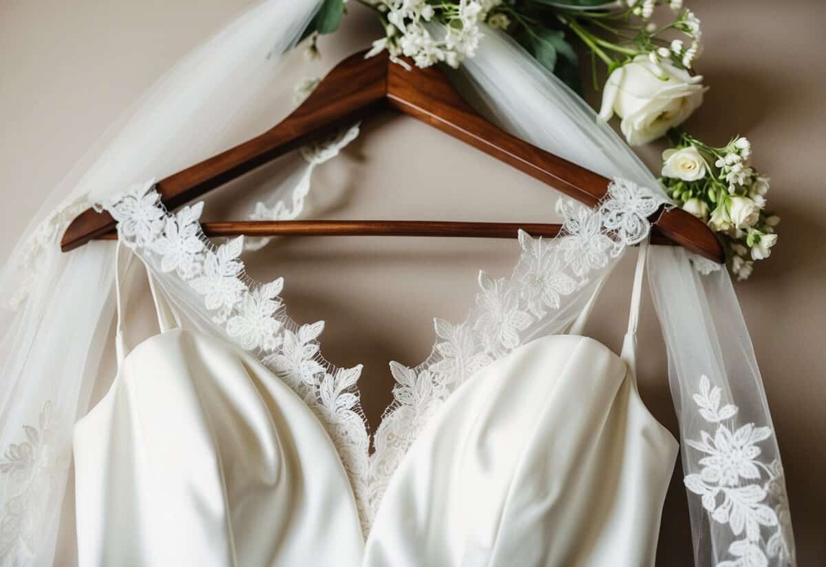 A white wedding dress hanging on a wooden hanger, surrounded by delicate lace veil and floral hair accessories