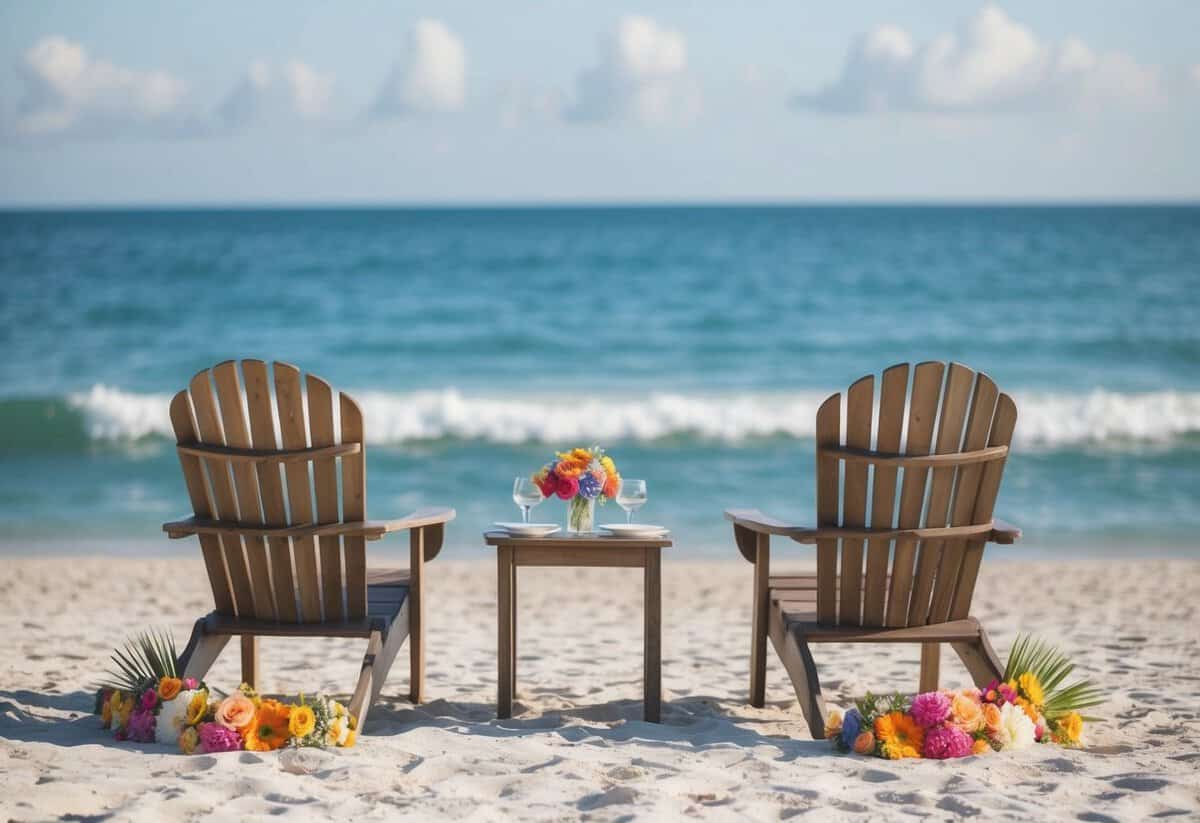 A serene beach setting with two empty chairs facing the ocean, adorned with colorful flowers and a small table set for two