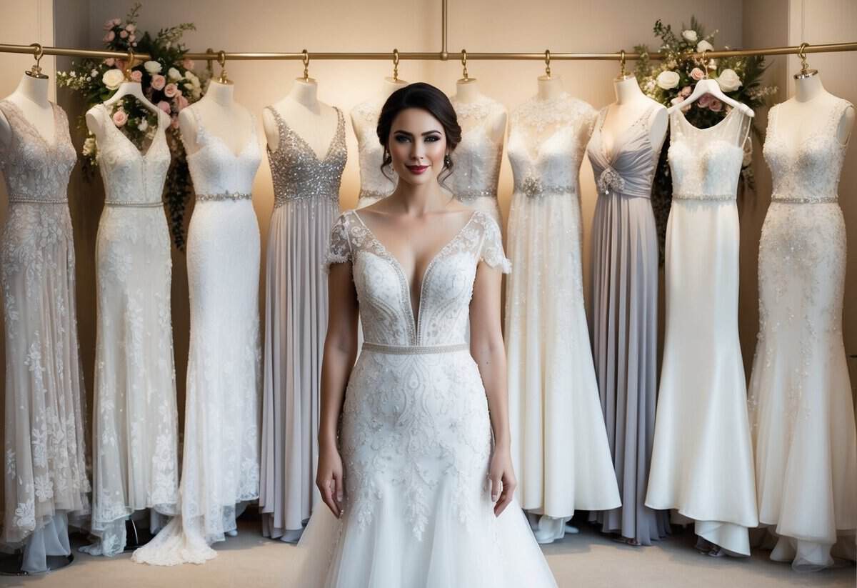 A bride stands in front of a row of elegant wedding dresses, each adorned with intricate lace, beading, and flowing fabrics. The dresses are displayed in a luxurious boutique setting, surrounded by soft lighting and delicate floral arrangements