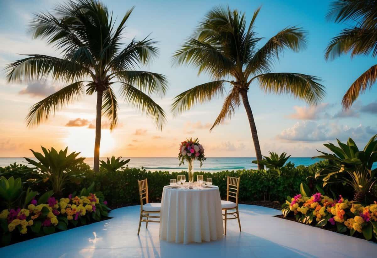 A tropical beach with palm trees and a sunset, with a small table set for a wedding reception, surrounded by lush greenery and colorful flowers