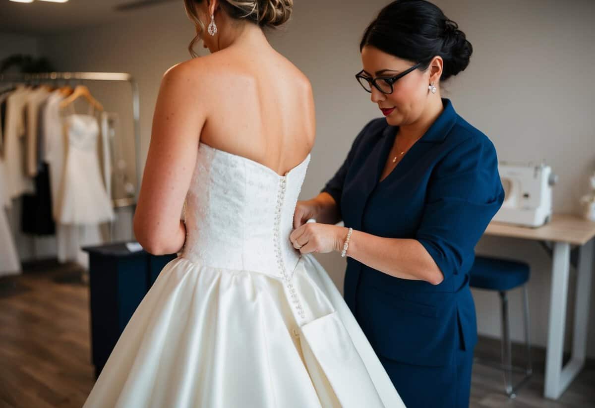 A bride's dress being tailored and fitted by a seamstress