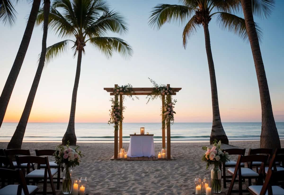 A serene beach at sunset, with a simple wooden altar adorned with flowers and surrounded by palm trees