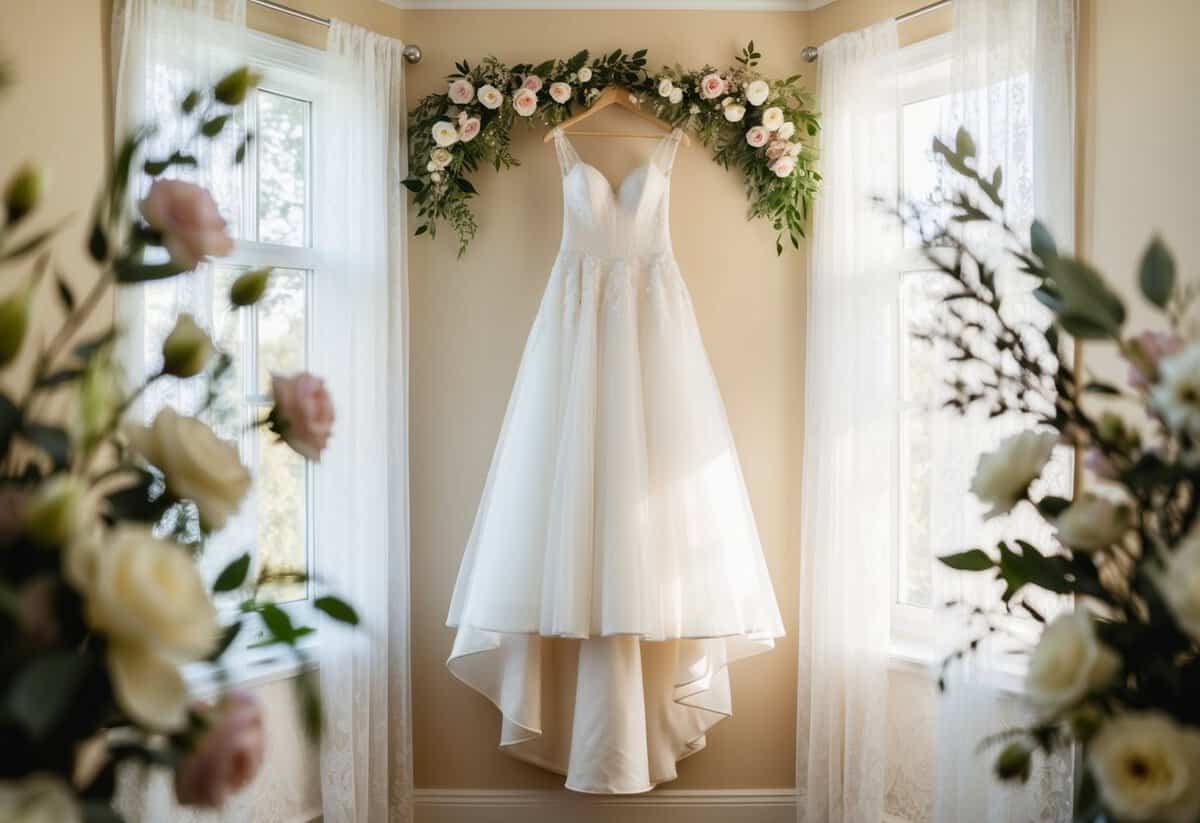 A wedding dress hanging in a sunlit room, surrounded by lace curtains and delicate floral arrangements