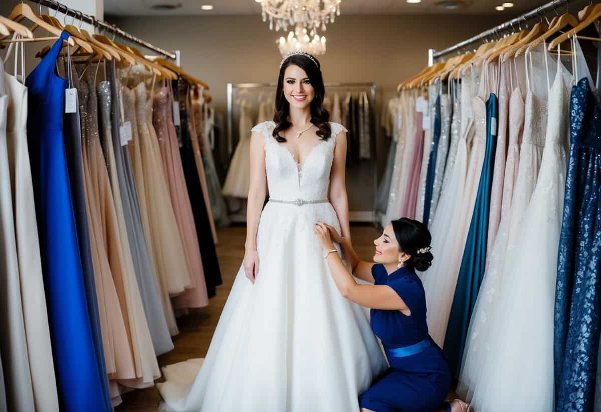 A bride standing in a bridal boutique, surrounded by racks of wedding dresses, as a seamstress makes final adjustments to her gown