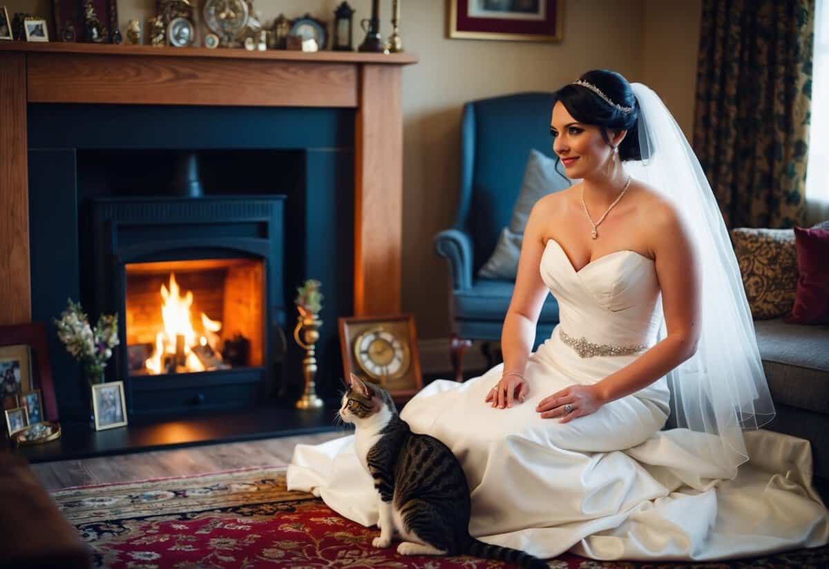 A bride sits by the fire, surrounded by family heirlooms and good luck charms. A cat purrs at her feet as she prepares for the big day