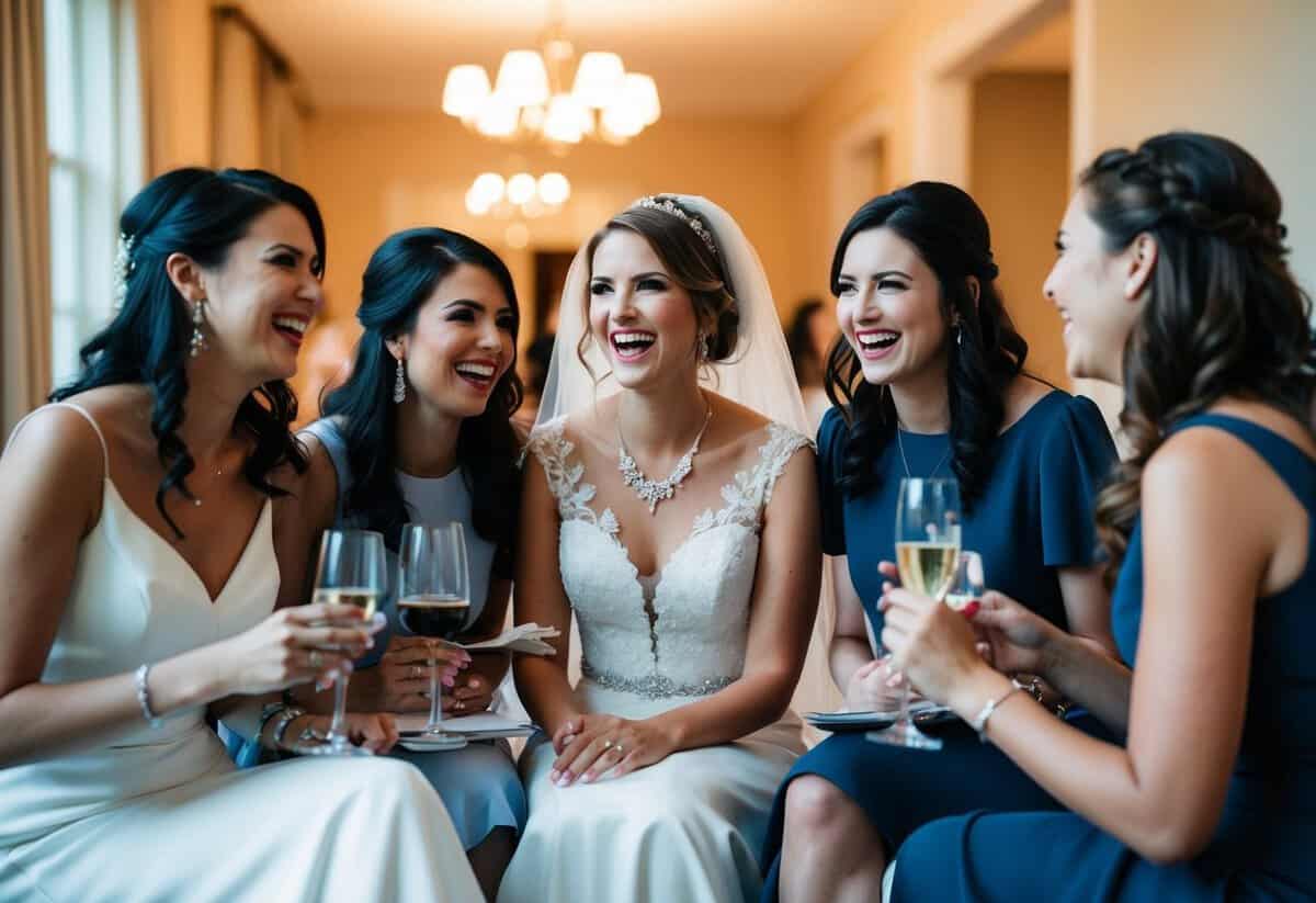 The bride sits surrounded by her closest friends, chatting and laughing as they plan the evening before the wedding