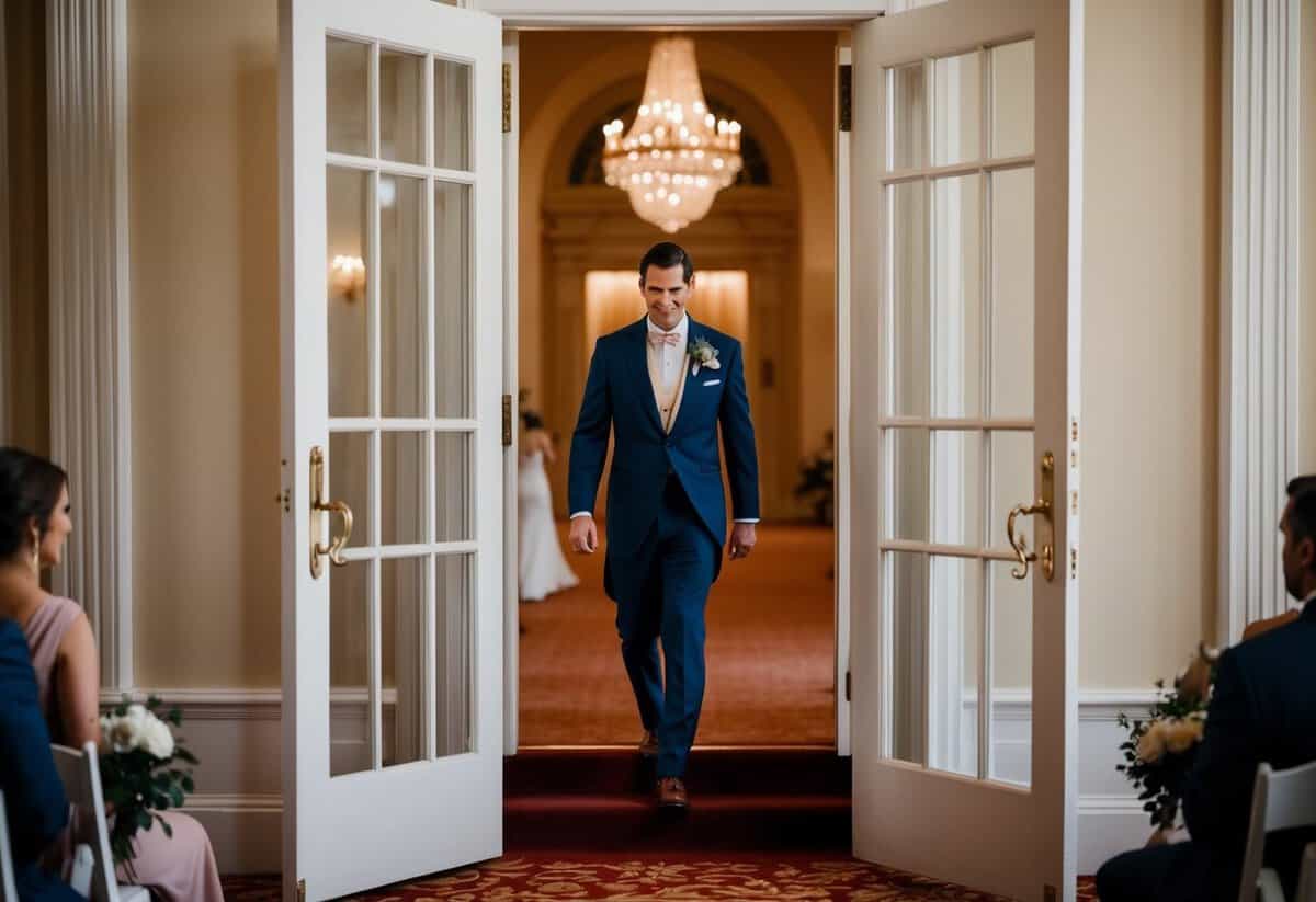 A figure in elegant attire steps through the open doors, entering the grand wedding ceremony