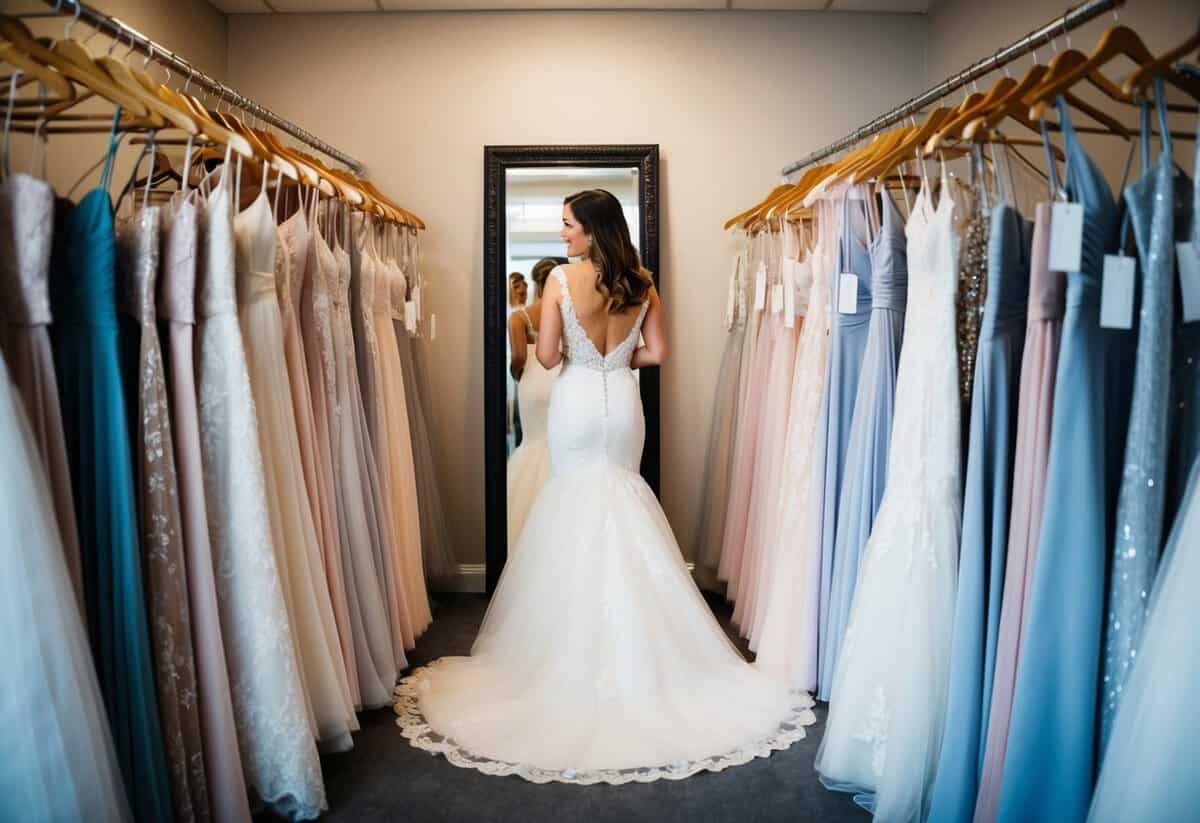 A woman browsing wedding dresses alone in a boutique, surrounded by racks of gowns and a large mirror
