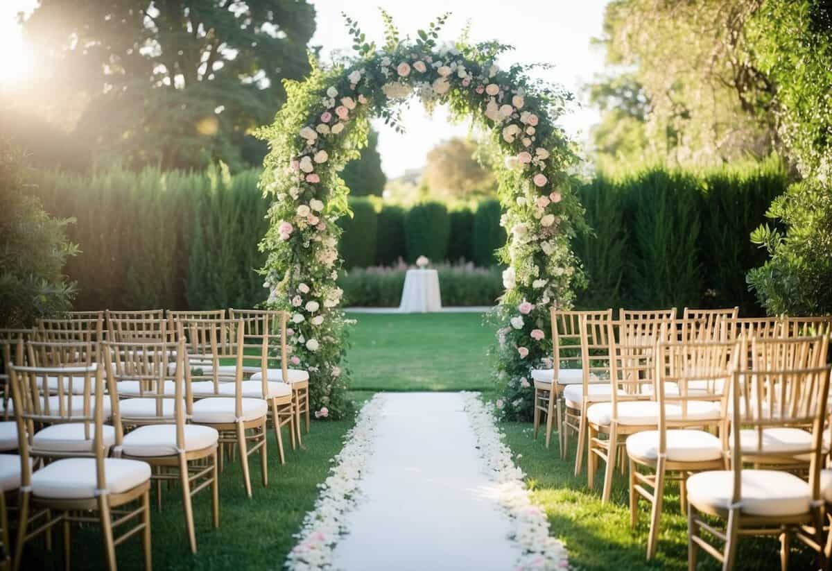 A floral-covered archway leading to a sunlit garden path, flanked by rows of elegant chairs, awaits the start of a wedding processional