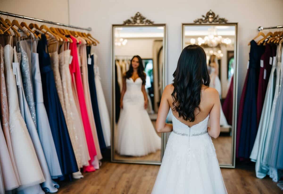 A woman browsing wedding dresses alone in a boutique, surrounded by racks of gowns and mirrors