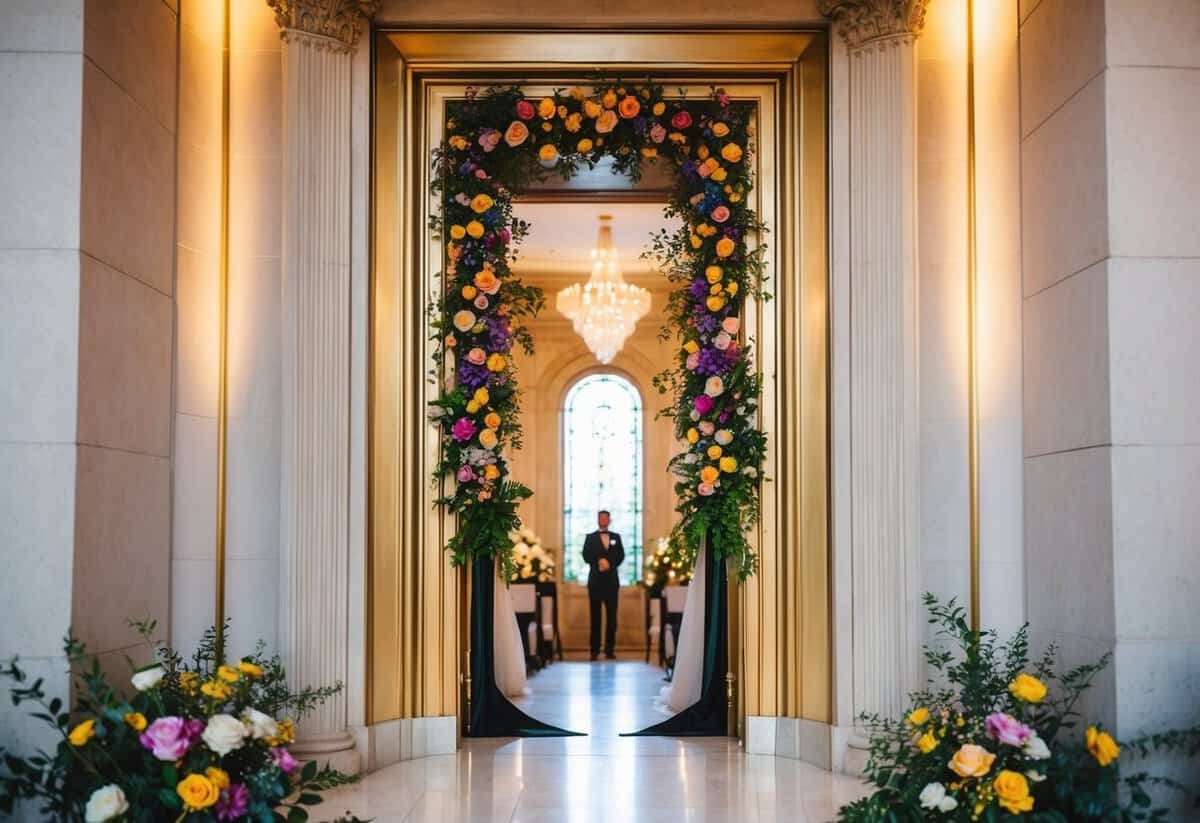 A grand doorway with ornate decorations, framed by colorful flowers and soft lighting, invites the first arrival at the wedding ceremony