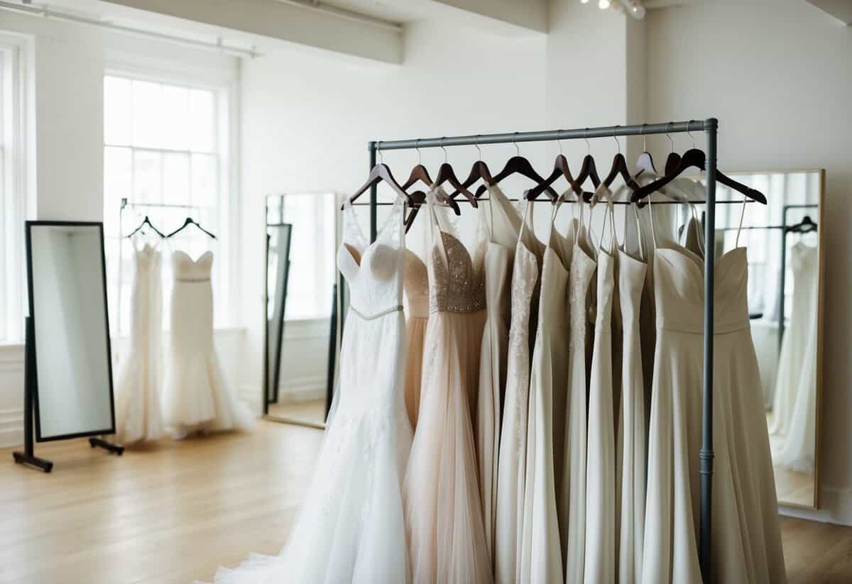 A rack of wedding dresses being browsed through in a bright, airy fitting room with large mirrors and soft lighting