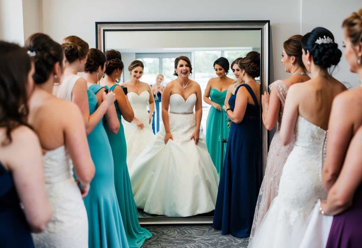 A bride surrounded by a variety of wedding dresses, trying them on quickly in front of a large mirror