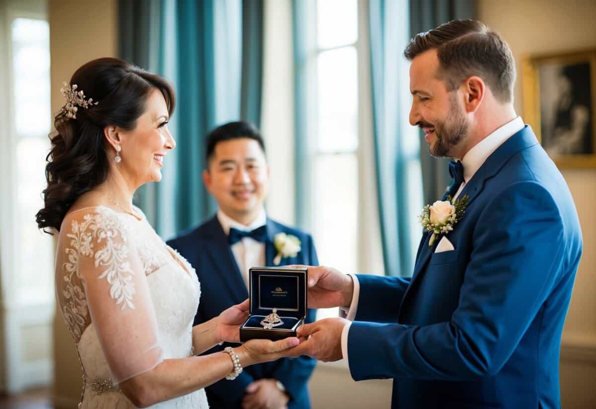 A mother presents her son with a cherished family heirloom on his wedding day