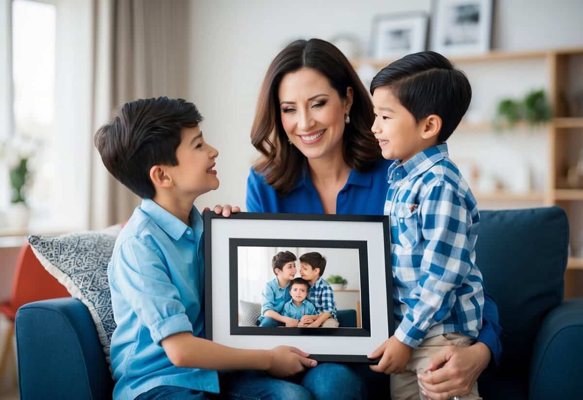 A mother presents her son with a framed photo of them together, capturing a cherished moment from his childhood