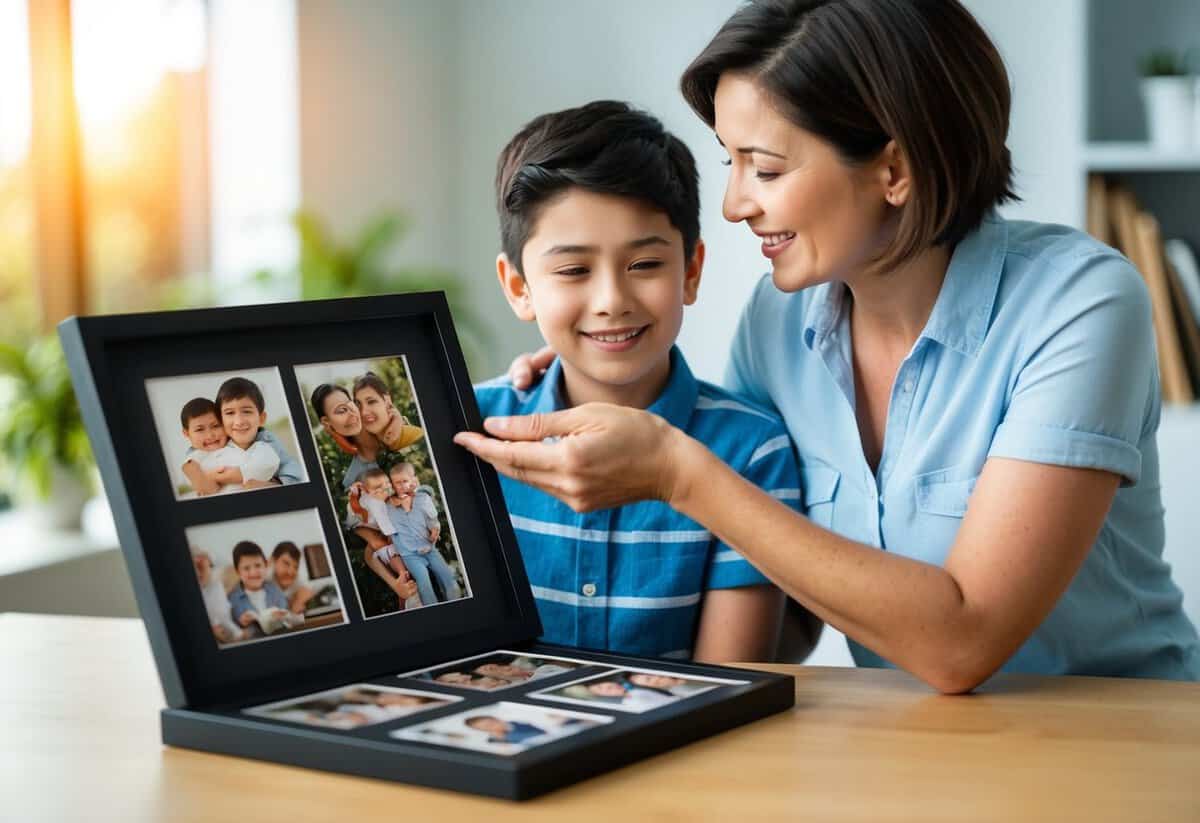 A mother handing her son a framed photo album filled with cherished memories from his childhood