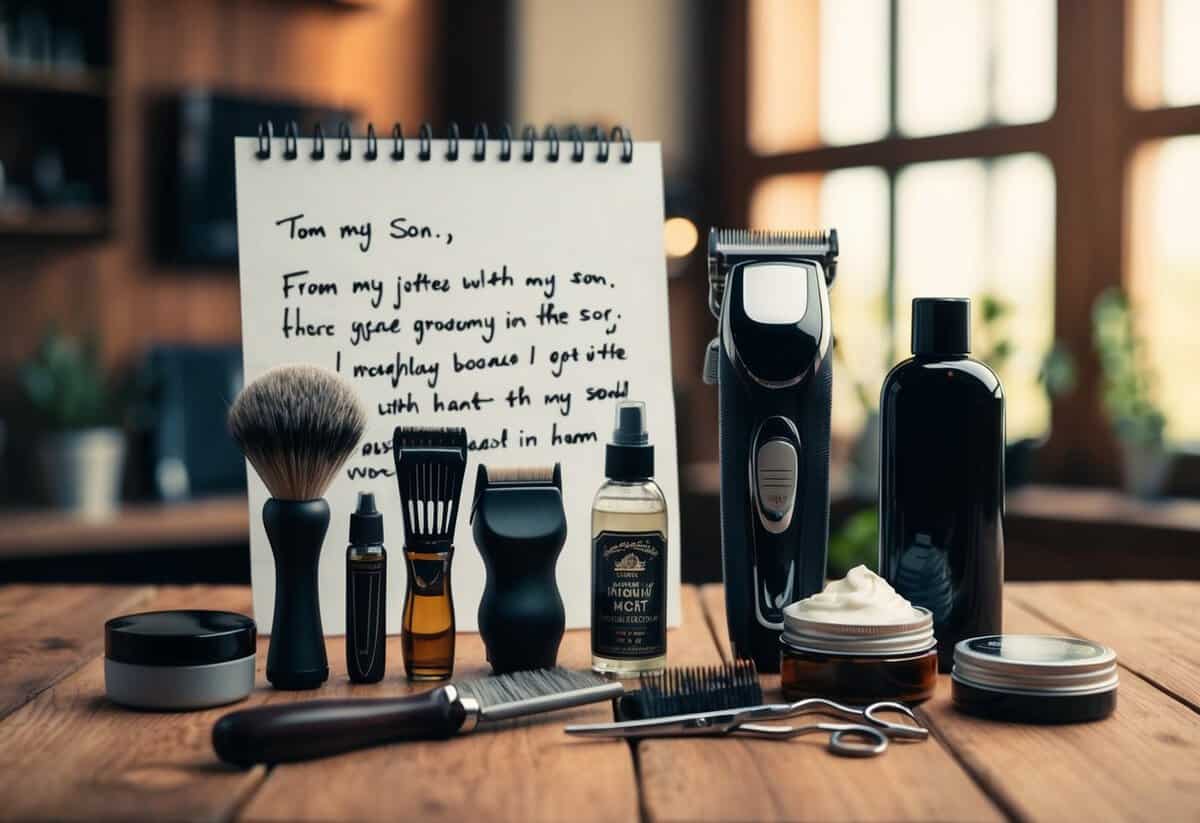 A neatly arranged set of grooming tools and products displayed on a wooden table, along with a handwritten note from the mother to her son
