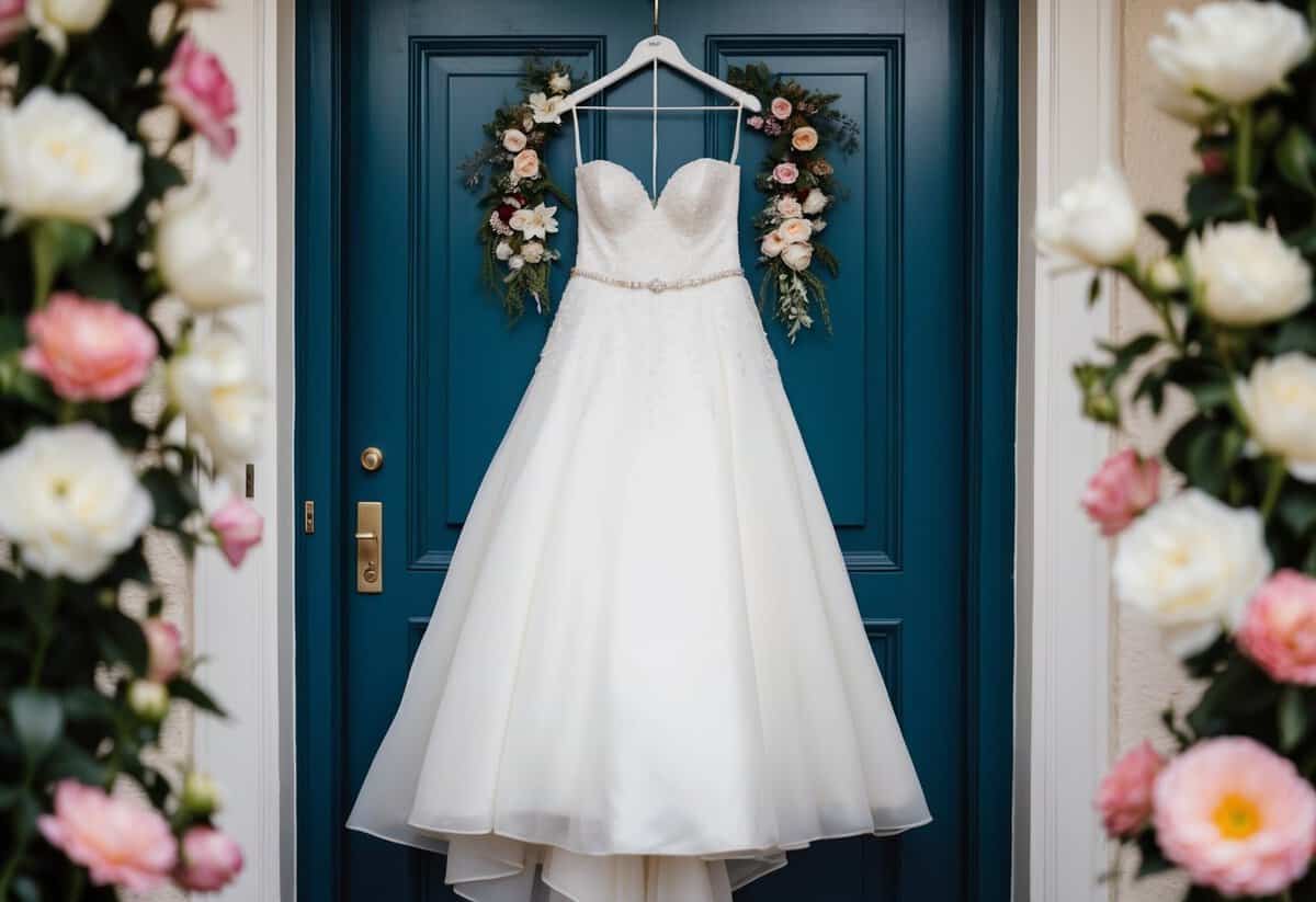 A bridal gown hanging on a door, surrounded by flowers and jewelry
