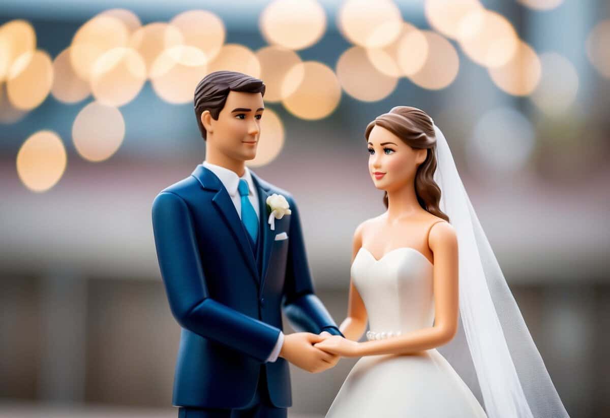 A figure stands beside the bride, symbolizing the act of giving her away. The bride and the figure are positioned in a way that suggests a transfer of responsibility and care