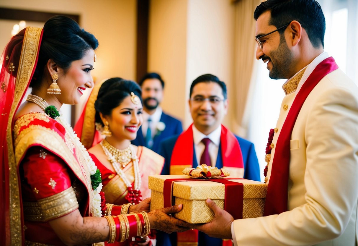 The groom presents a ceremonial gift to the bride's family