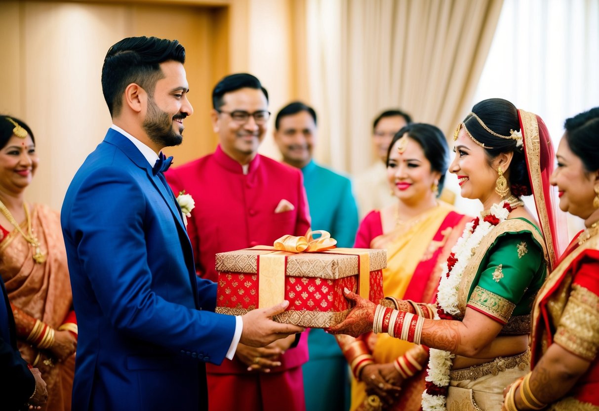 The groom presents a gift to the bride's family in a traditional ceremony
