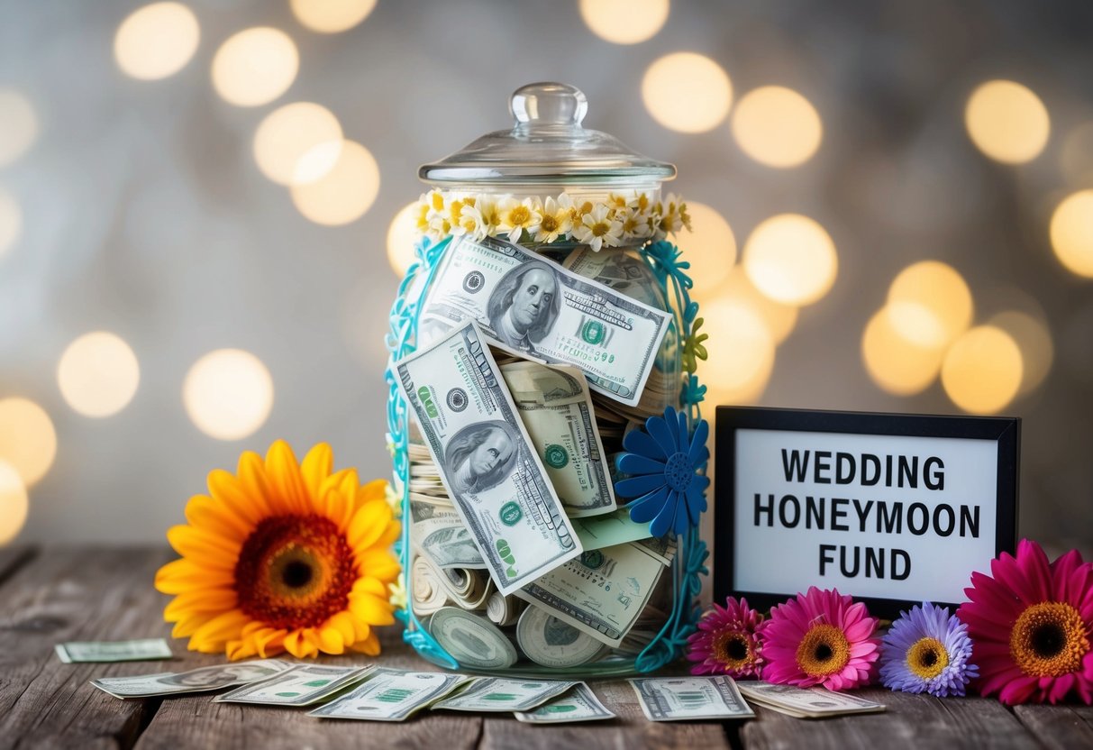 A decorative jar filled with money and travel-related items, surrounded by colorful flowers and a sign indicating "wedding honeymoon fund."