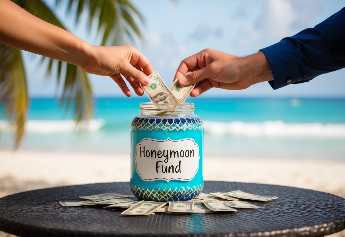 A couple's hands placing money into a decorative jar labeled "Honeymoon Fund" on a table with a tropical beach backdrop