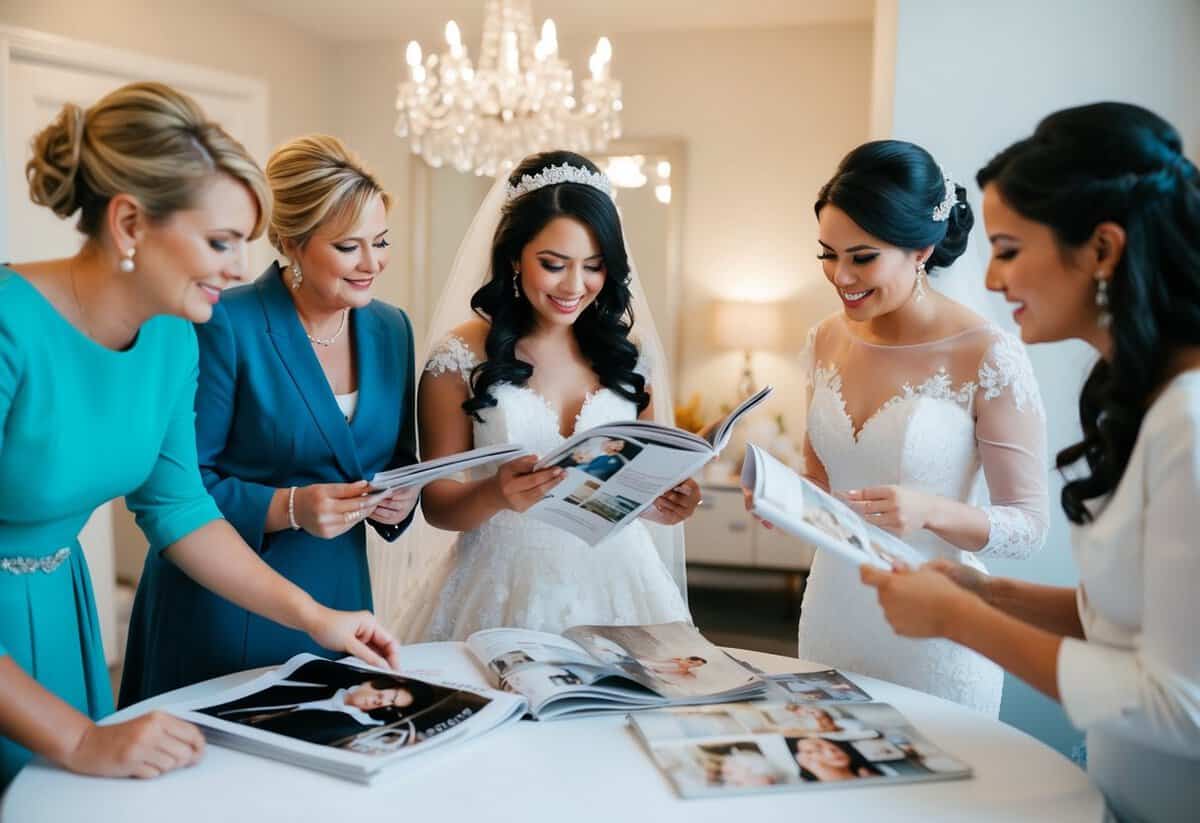 A bride and her loved ones gather around a table, looking at bridal magazines and discussing the upcoming wedding dress appointment