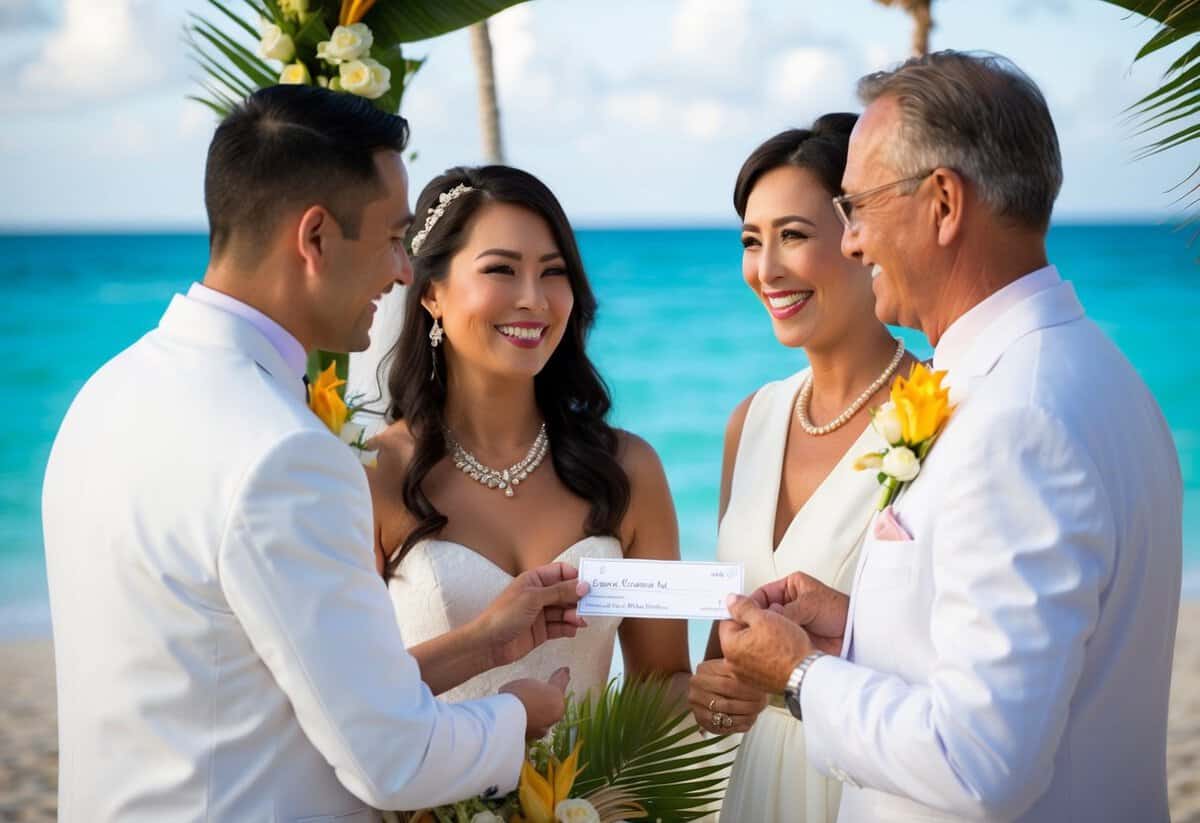 A smiling couple receives a check from the groom's parents, surrounded by tropical beach and wedding decor