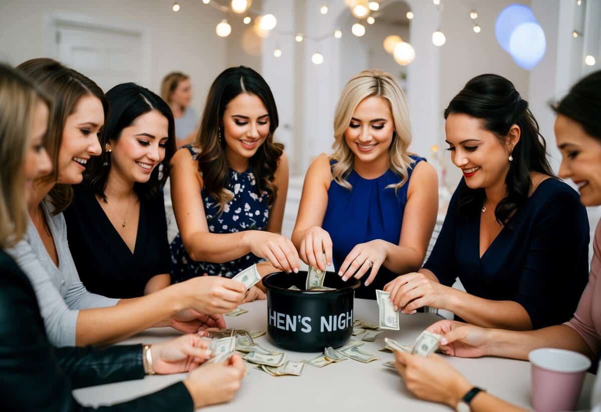 A group of women gather around a table, each placing money into a communal pot for the hen's night